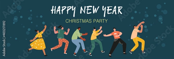 Fototapeta Young people dancing in the New year's party. The concept of a holiday, carnival, festival. People from all over the world celebrate Christmas and New year. Vector illustration