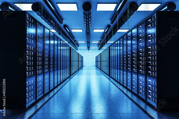 Fototapeta large modern data center with multiple rows of server racks, 3D Illustration