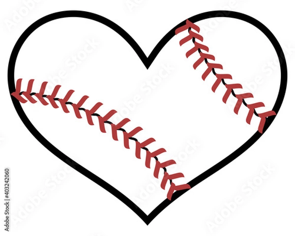 Obraz A heart shaped baseball ball representing a love of the game of baseball. Design for T-shirts, logos, postcards, banners, etc. Illustration isolated on a white background.