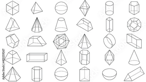 Fototapeta Set of basic stereometrics shapes line cuboid octahedron pyramid prism cube cone cylinder torus. Geometric, isometric shapes icon. Outline vector illustration