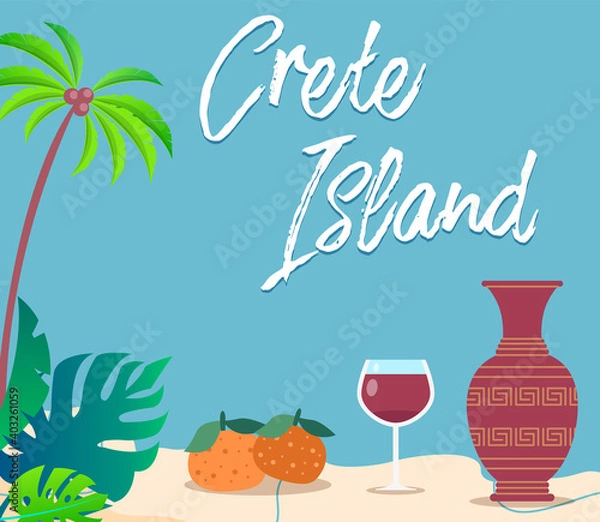 Fototapeta Crete island travel card. Traditional symbols of Greece. Clay vase with wine and tangerines. Landscape of greece territory with trees and fruit. Beachfront with food and drink for recreation at sea
