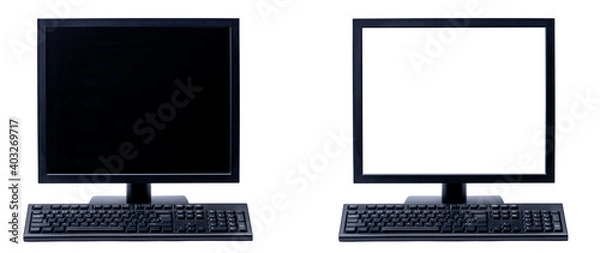 Fototapeta set of white and black square computer monitors with keyboard isolated on a white background. blank for design. desktop tft screen