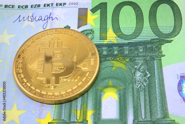 Fototapeta Bitcoin coin on the background of the euro. Virtual cryptocurrency concept. BTC vs EUR.
