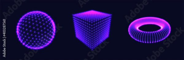 Fototapeta 3d figures on dark background. Pink glowing sphere, cube and torus. Geometric wireframe shapes. Line structure. Vector illustration