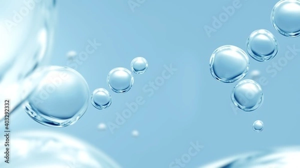 Fototapeta Pure effervescent vitality cosmetic refreshing hygiene or hydrogen blue energy studio shot of transparent carbonated blue gas bubbles under water in full-frame macro close up with selective focus blur