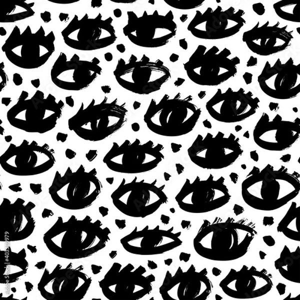 Fototapeta Seamless pattern with black eyes and eyelashes. Repeating hand drawn grunge print of open eyes with dots. Vector ink illustration, monochrome graphic design. Simple style, funny isolated doodles