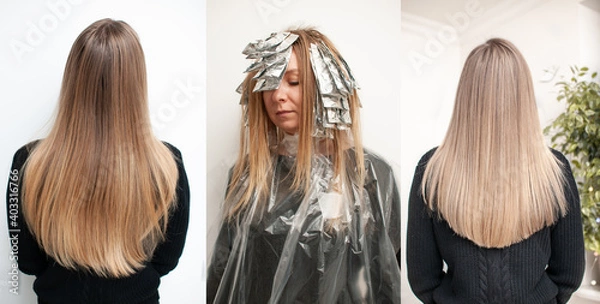 Obraz Blonde hair transformation process before and after highlighting hair, three photos in one on a white background