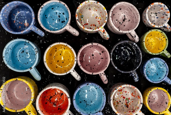 Obraz Colorful craft ceramic or pottery mugs, above view
