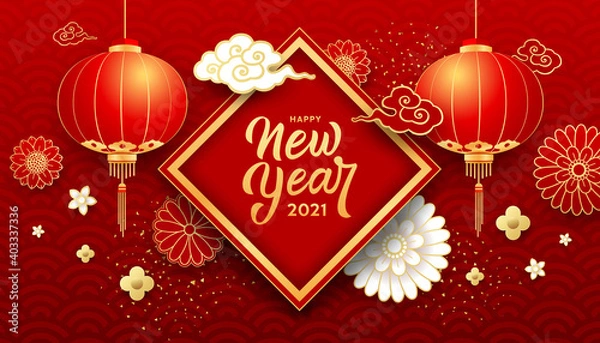 Fototapeta Happy Chinese New Year 2021, flower, Chinese lantern, cloud, greeting card on gold and red background, Eps 10 vector illustration