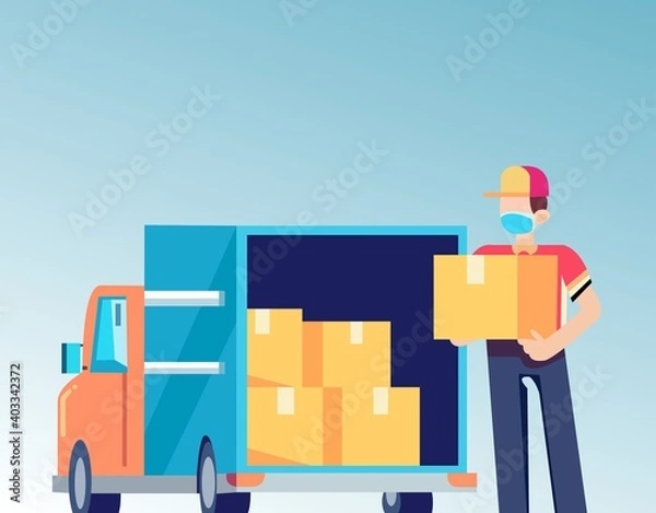 Obraz Vector of a man from delivery service loading the boxes into the truck