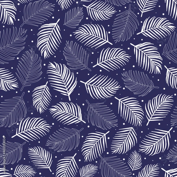 Fototapeta Tropical palm leaves flat vector illustration, silhouette and outlines white over dark blue background  seamless pattern.