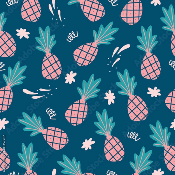 Fototapeta Seamless pattern with hand drawn pineapples in a blue background. Simple illustration in a flat style. It can be used for decoration of textile, paper and other surfaces.