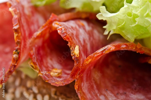 Obraz Closeup of a red pepper salami  sandwich and lettuce