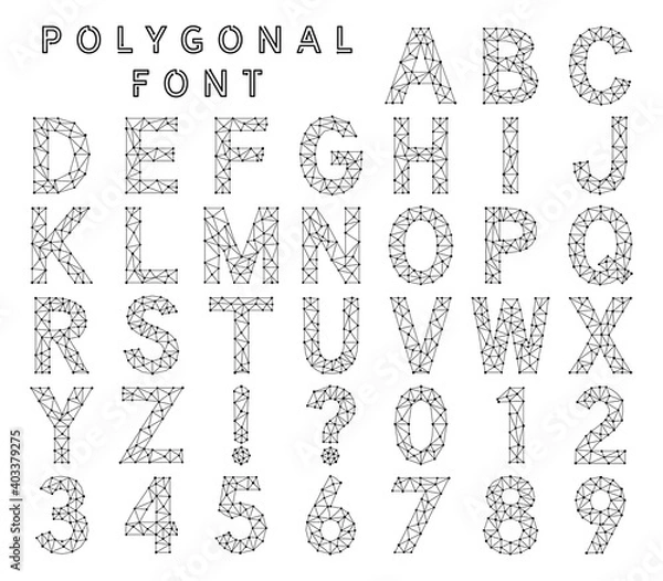 Fototapeta Polygonal font made from lines and dots. Low poly alphabet letters and numbers
