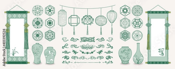 Fototapeta Set of hand drawn oriental elements. Asian hanging scrolls and lanterns. Ceramic vases, Traditional patterns, Oriental decorations. Vector illustrations.