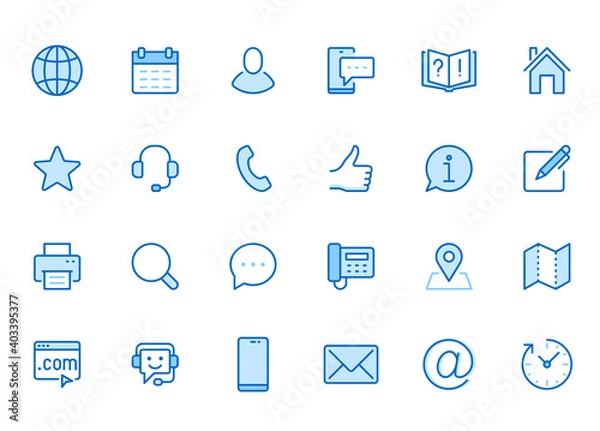 Fototapeta Contact us line icon set. Feedback, customer service, phone, email address, web site minimal vector illustration. Simple outline sign business card, landing page. Blue color, Editable Stroke