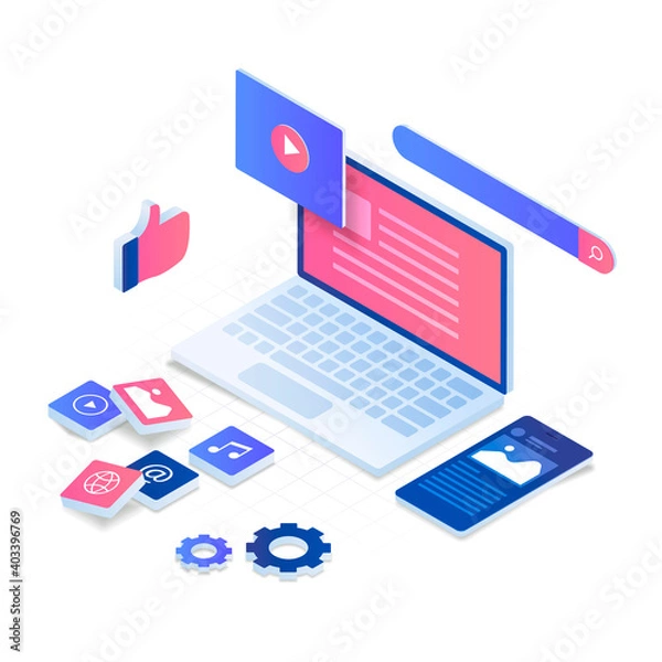 Fototapeta Internet content vector isometric illustration concept. Illustration for websites, landing pages, mobile applications, posters and banners.