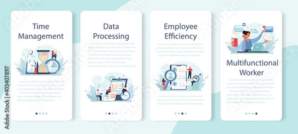 Fototapeta Employee efficiency mobile application banner set. Business staff management