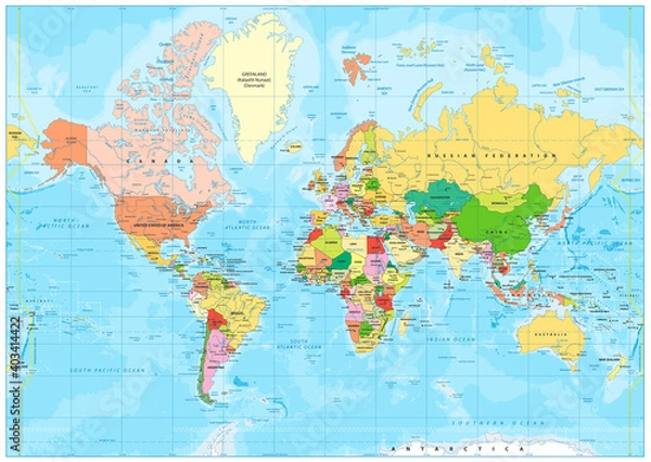 Fototapeta Highly detailed political World map with labeling
