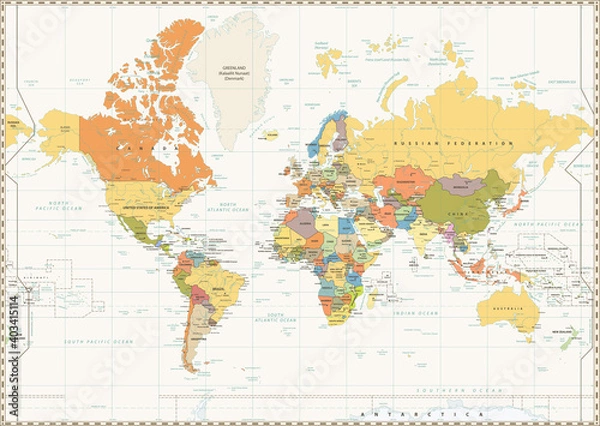 Obraz World Map isolated on retro white color background with labeling