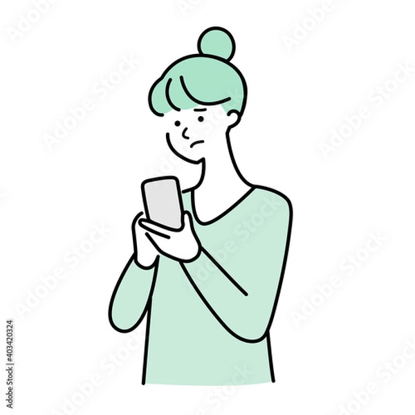Obraz スマホを見て悩む女性のイラスト