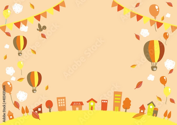 Fototapeta 気球と風船が飛んでいる秋空と街並みのイラスト　横位置1
