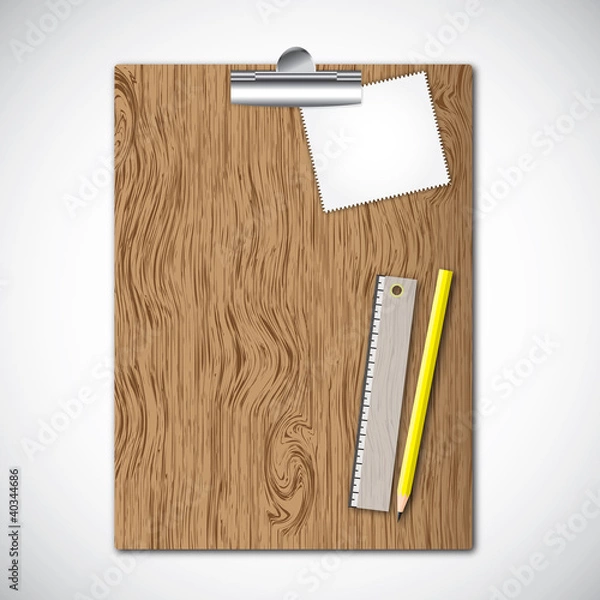Obraz Paper pad on wooden clipboard with tools