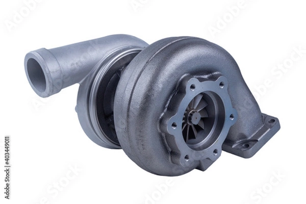 Fototapeta new modern truck turbocharger isolated on white background. turbocharger to increase the power of the car engine.