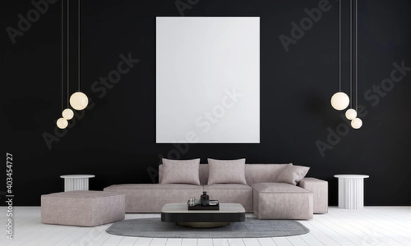 Fototapeta The interior design mock up of living room and black wall background and picture frame