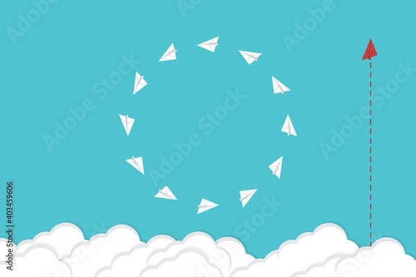 Fototapeta Think differently. Red airplane changing direction. New idea, change, trend, courage, creative solution, innovation and unique way concept.	
