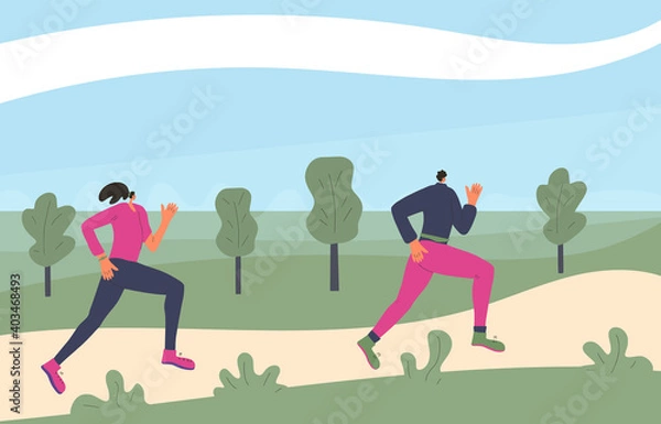 Obraz Running girl. Vector flat jogging person design.