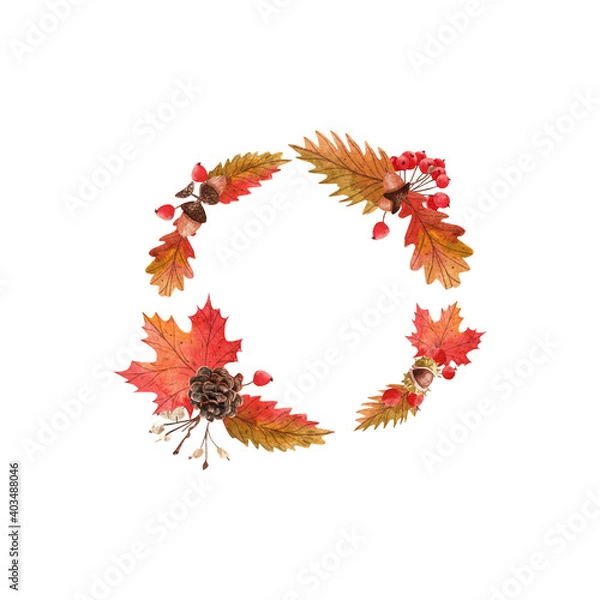 Obraz Watercolor autumn frame. Autumn contrast red and orange theme with maple and oak leaves and berries. Autumn, an illustration for postcards, posters, textile design and other souvenirs.