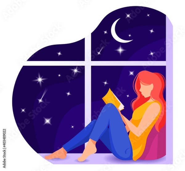 Fototapeta Woman seating on the windowsill and reading a book. Night sky with moon and stars background. Reading, studying concept. Isolated vector illustration in cartoon style.