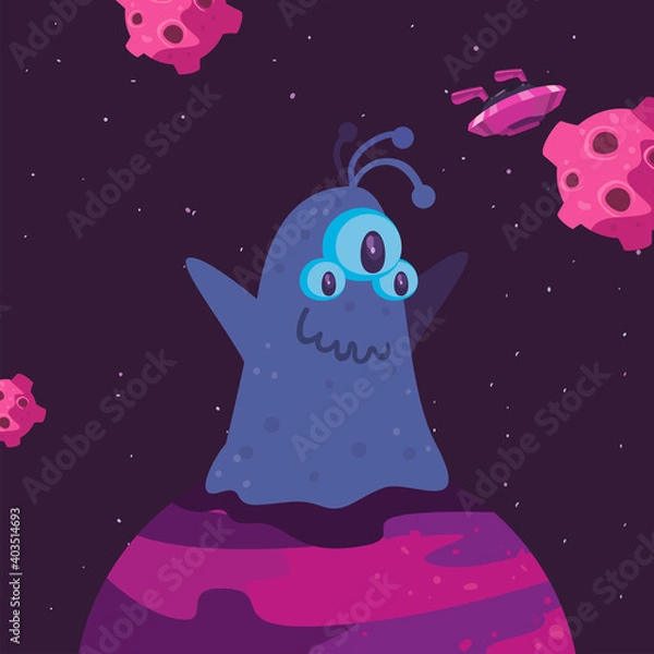Fototapeta Space alien cartoon on planet vector design