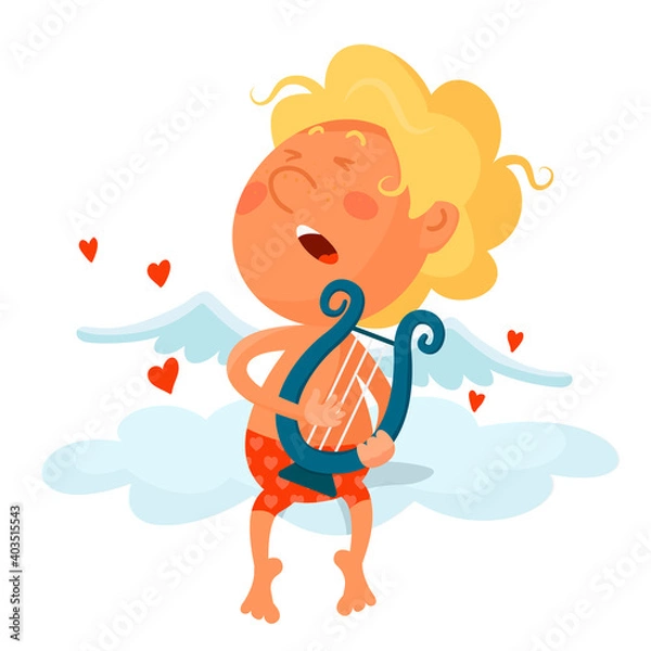 Obraz A cute funny cupid in red panties sits on a cloud and plays the harp. Cartoon vector illustration isolated on white background