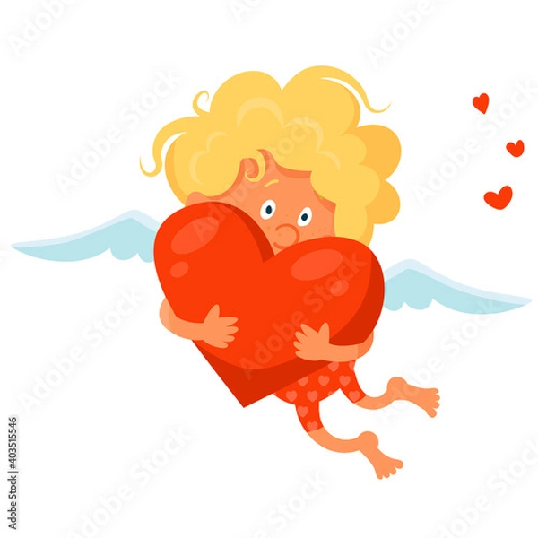 Obraz Cute funny cupid hugs a big red heart. Cartoon vector illustration isolated on white background
