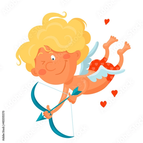 Obraz Cute funny cupid takes aim from a bow. Valentine's day cartoon vector illustration isolated on white background