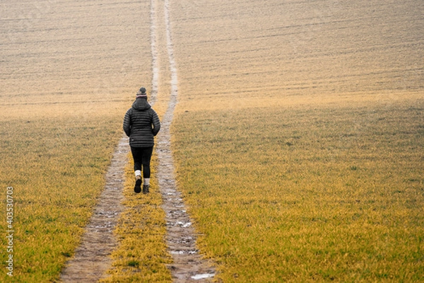 Obraz person walking through the field