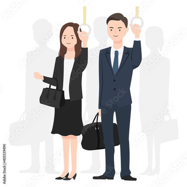 Fototapeta 電車で通勤してる日本の若い女性と男性のイラスト。