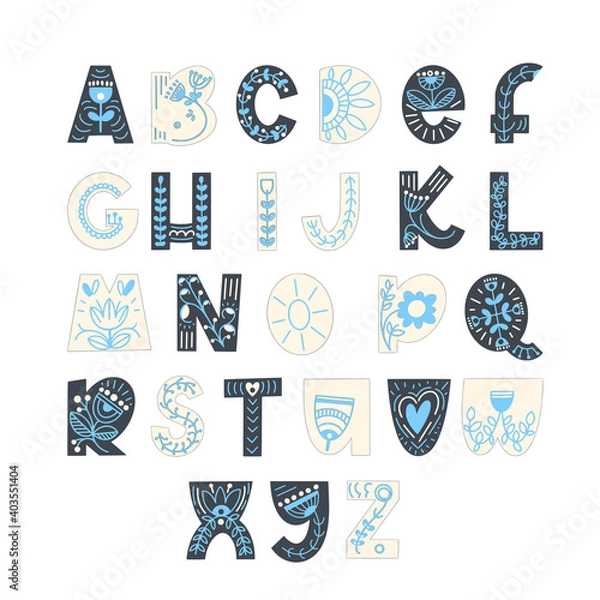 Fototapeta Hand drawn latin alphabet in scandinavian style. Folk art font with flower and leaves ornament. For typography poster, card, label, banner design.