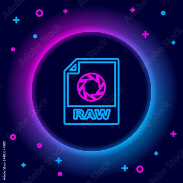 Fototapeta Glowing neon line RAW file document. Download raw button icon isolated on black background. RAW file symbol. Colorful outline concept. Vector.