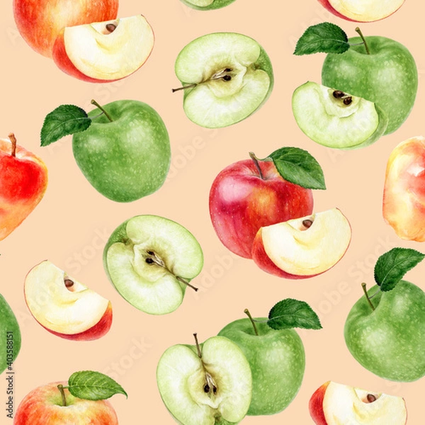 Fototapeta Watercolor seamless pattern apples on a color background.