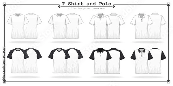 Obraz T Shirt round and v neck with Polo collar and sleeves collection set for design , mockup advertising , blank for printing , vector illustration eps10