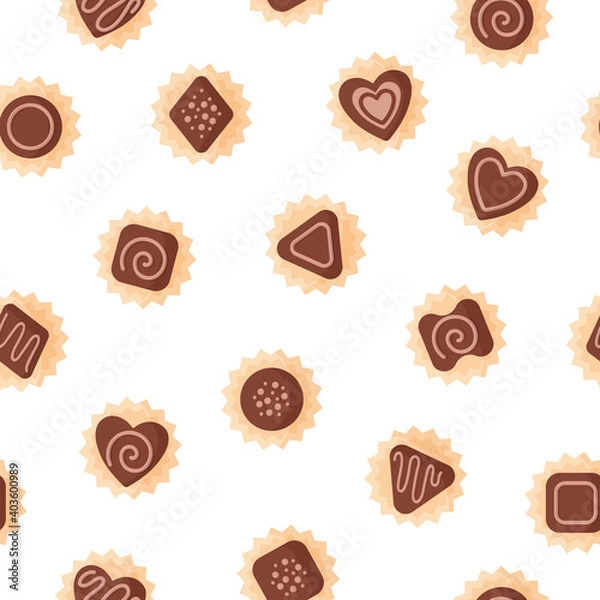 Fototapeta Seamless pattern of chocolates of various shapes with icing for Valentine's Day.