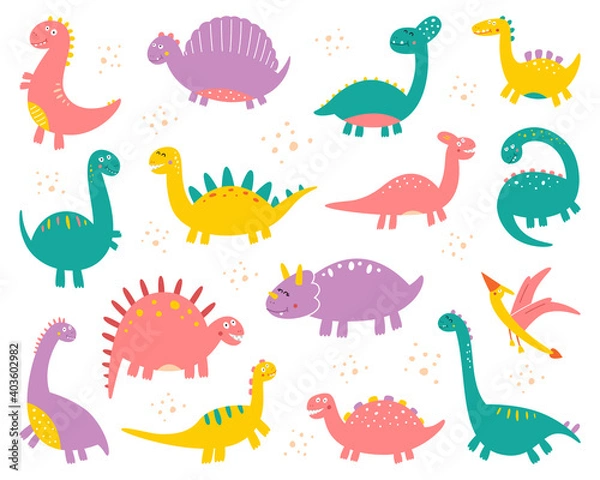 Obraz Vector collection of cute flat dinosaurs, including T-rex, Stegosaurus, Velociraptor, Pterodactyl, Brachiosaurus and Triceratop, isolated on white