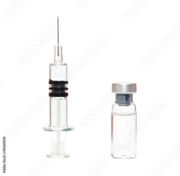 Fototapeta Syringe and vials on white