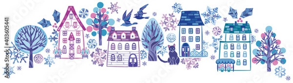 Obraz 冬の雪の街並みや家　横フレーム