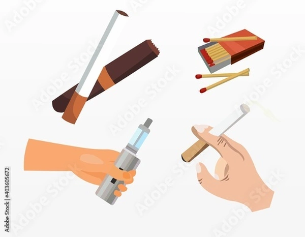 Obraz Vector of cigarettes, matches, a hand holding e-cigar and a cigarette