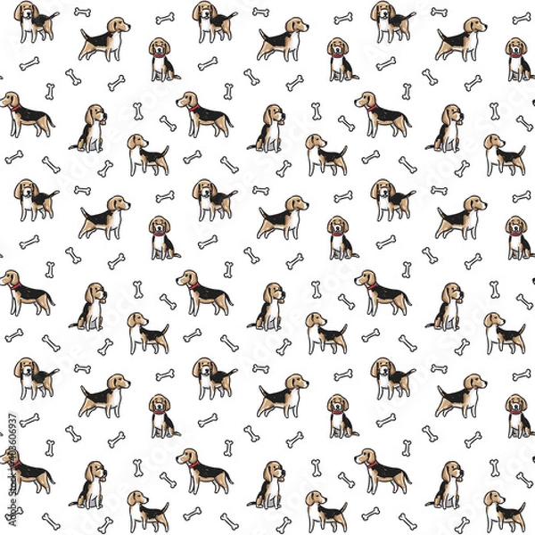 Obraz Beagle dogs vector seamless pattern on white background. Creative doodle style pattern with beagle dogs and bones for print, fabric, texture, wallpaper, wrapping, textile, etc. 
