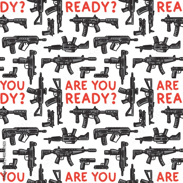 Fototapeta Weapons vector seamless pattern on white background. Pattern with modern weapons (assault rifles, guns).